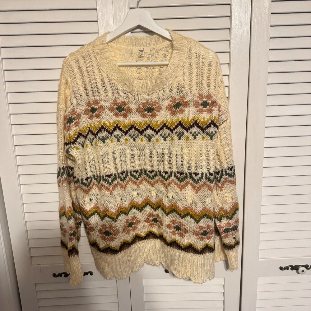 EASEL FLORAL PATTERN‎ SWEATER BOHO INDIE COZY SZ M